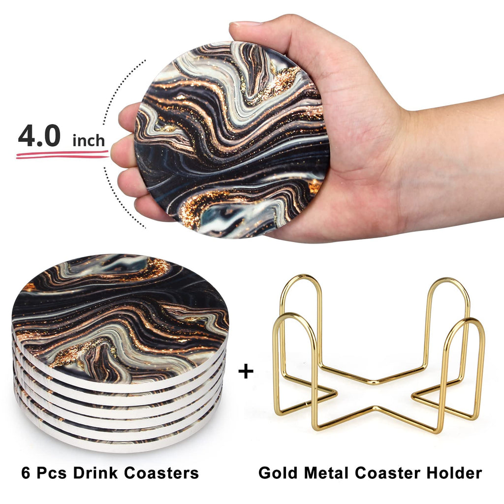 Black and Gold Marble Coasters with Holder A460