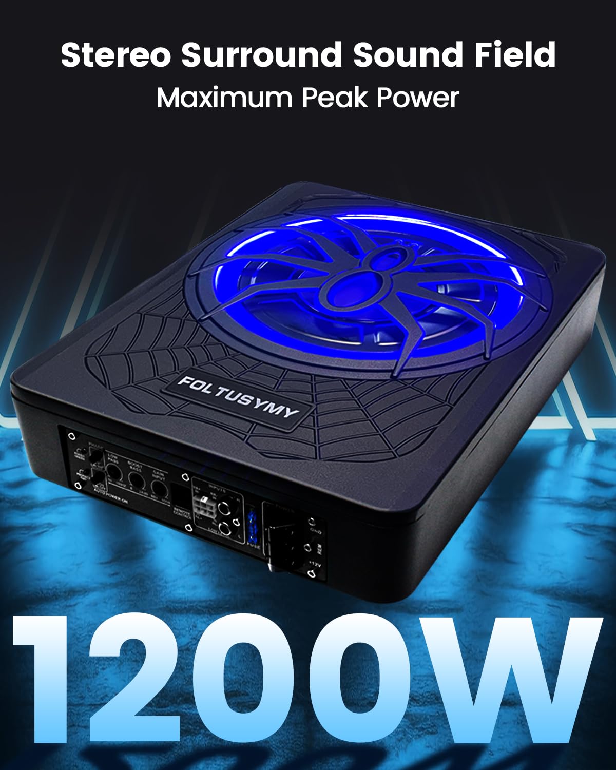 1200W 10" Slim Under Seat Powered Car Subwoofer with Blue LED Light U79548