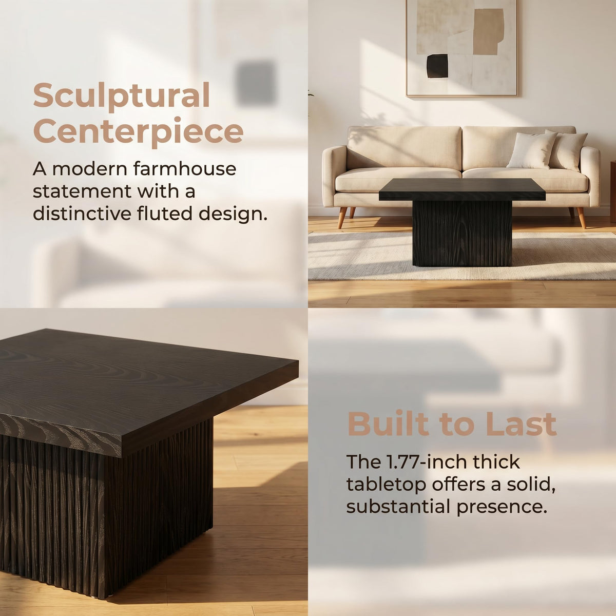 31.5" Square Fluted Wood Coffee Table F309307