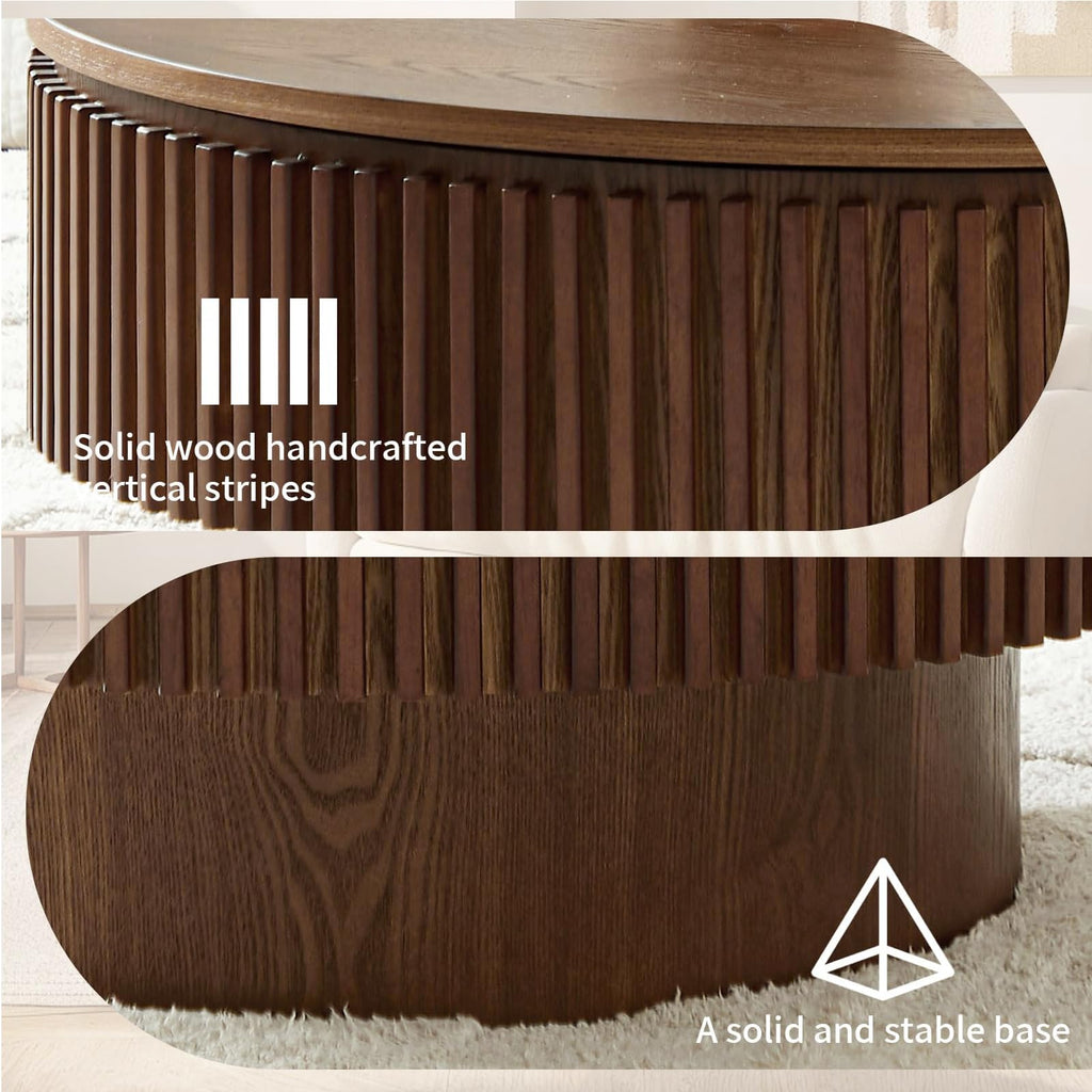Walnut Round Fluted Coffee Table with Storage H96741