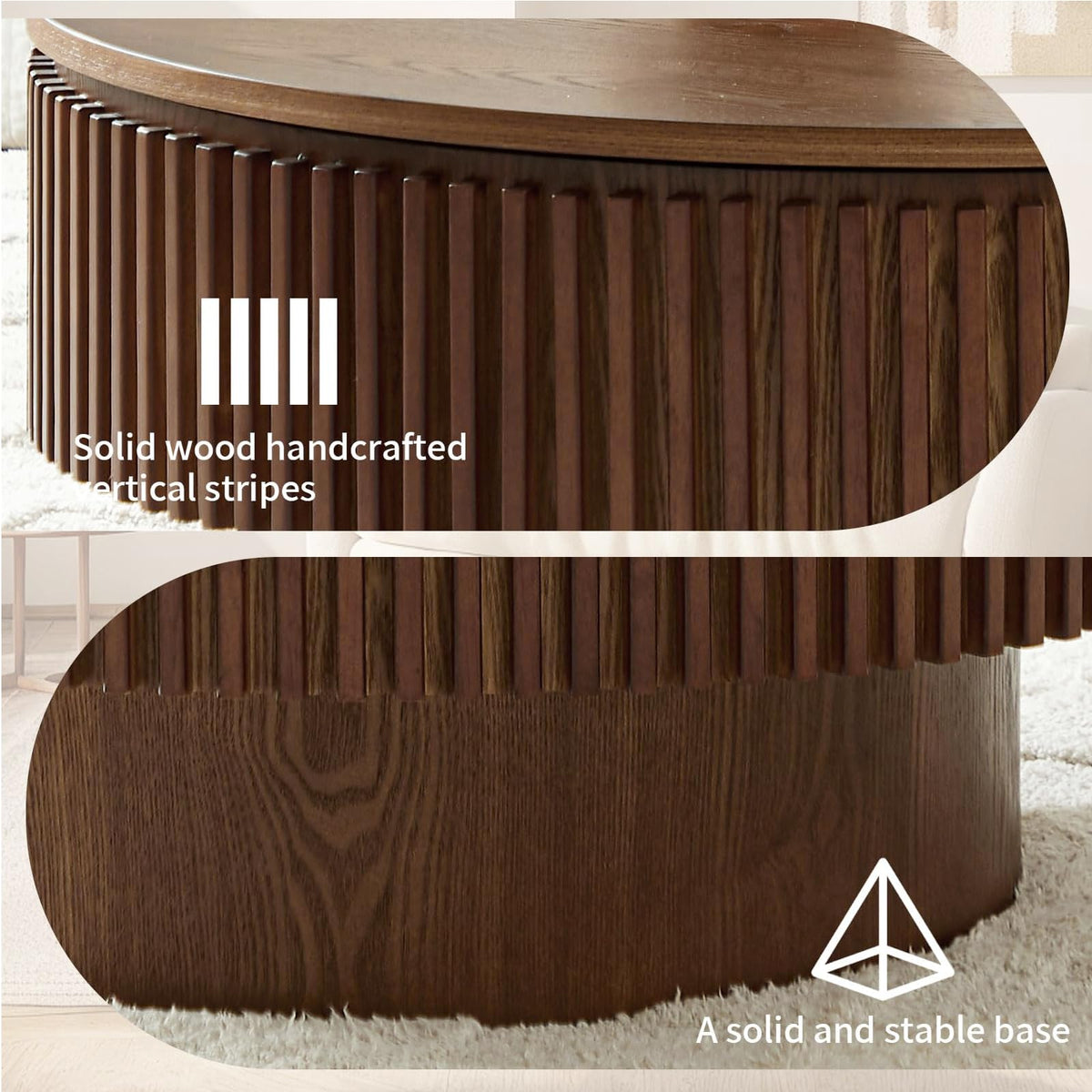 Walnut Round Fluted Coffee Table with Storage H96741