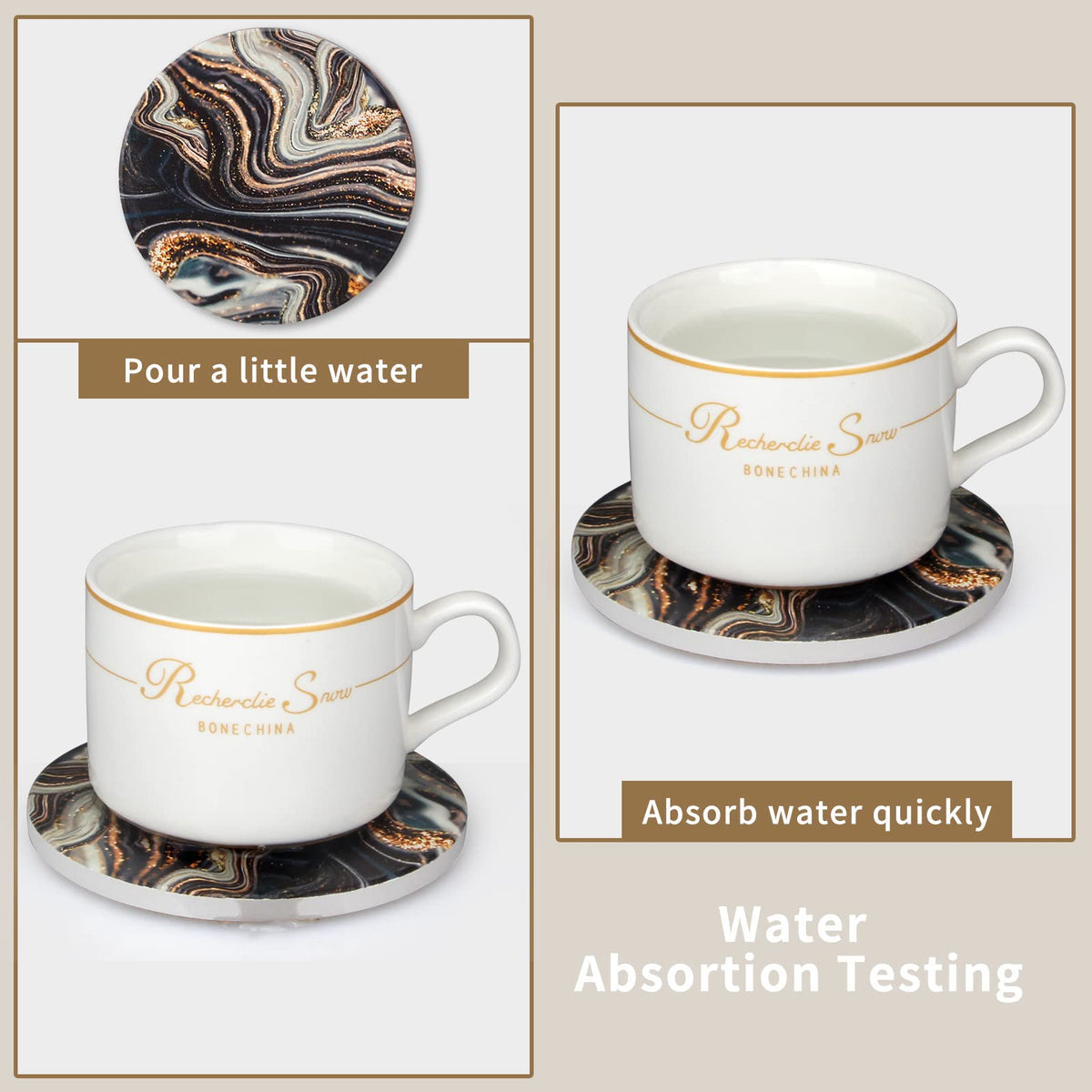 Black and Gold Marble Coasters with Holder A460