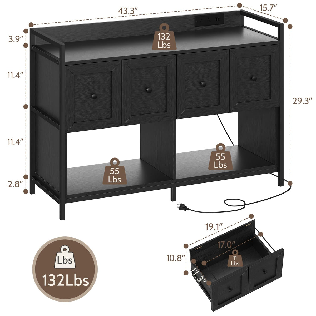 Black 2 Drawer Wood File Cabinet with Power Outlet J429346