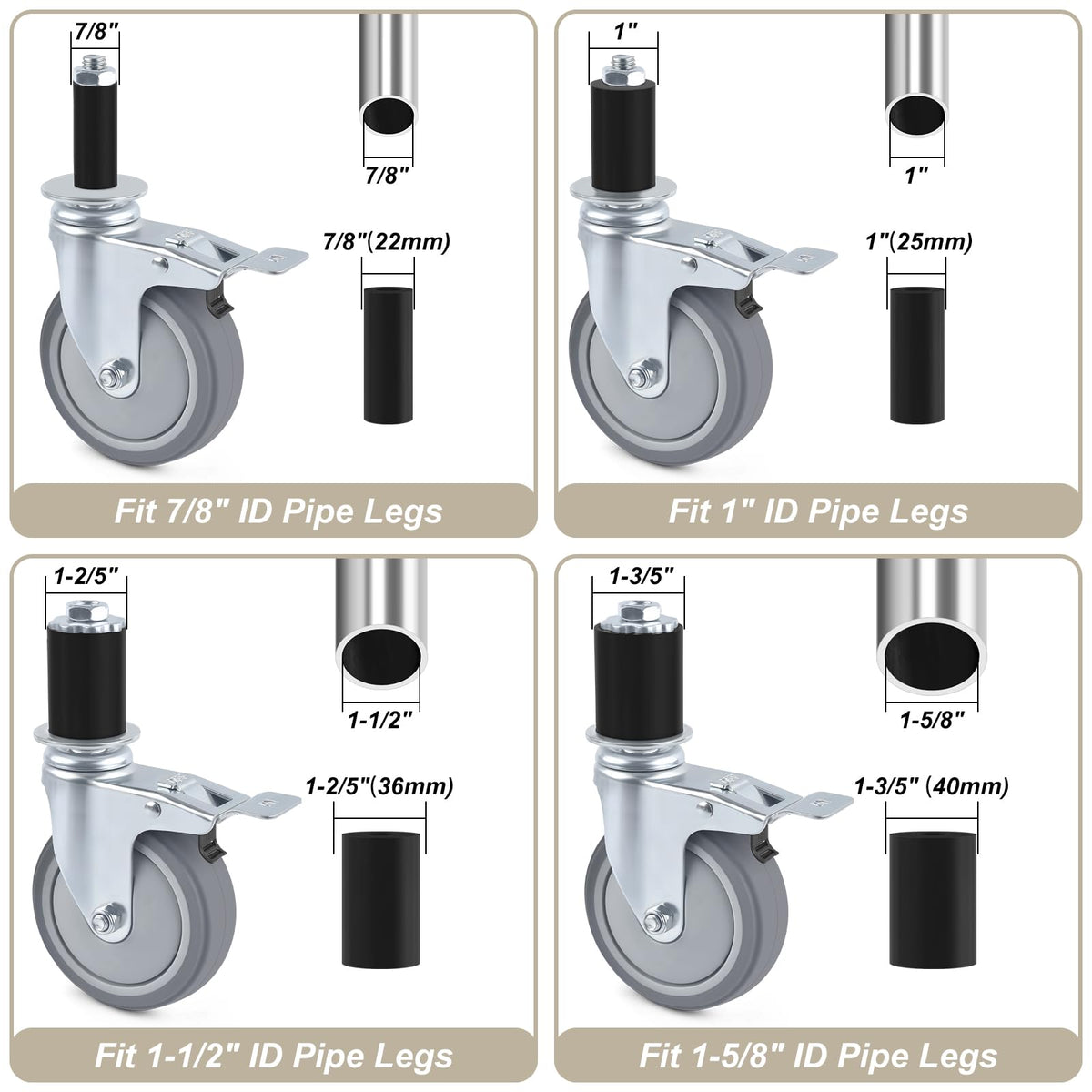 4 Inch Heavy Duty Expanding Stem Caster Wheels Set with Brake J43725