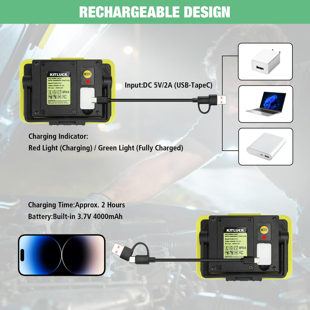 LED Work Light, Rechargeable, 700 LM Magnetic Portable Flood Light with Adjustable Stand, IP54 Waterproof, 3 Lighting Modes with Emergency SOS, 1Pack A56335