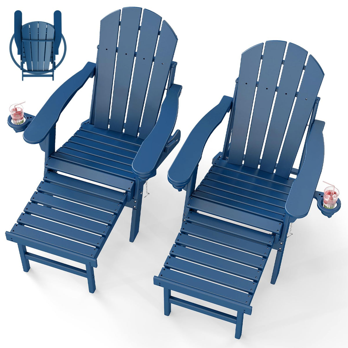 Set of 2 Blue Folding HDPE Plastic Adirondack Chairs with Pull-Out Footrest K8066