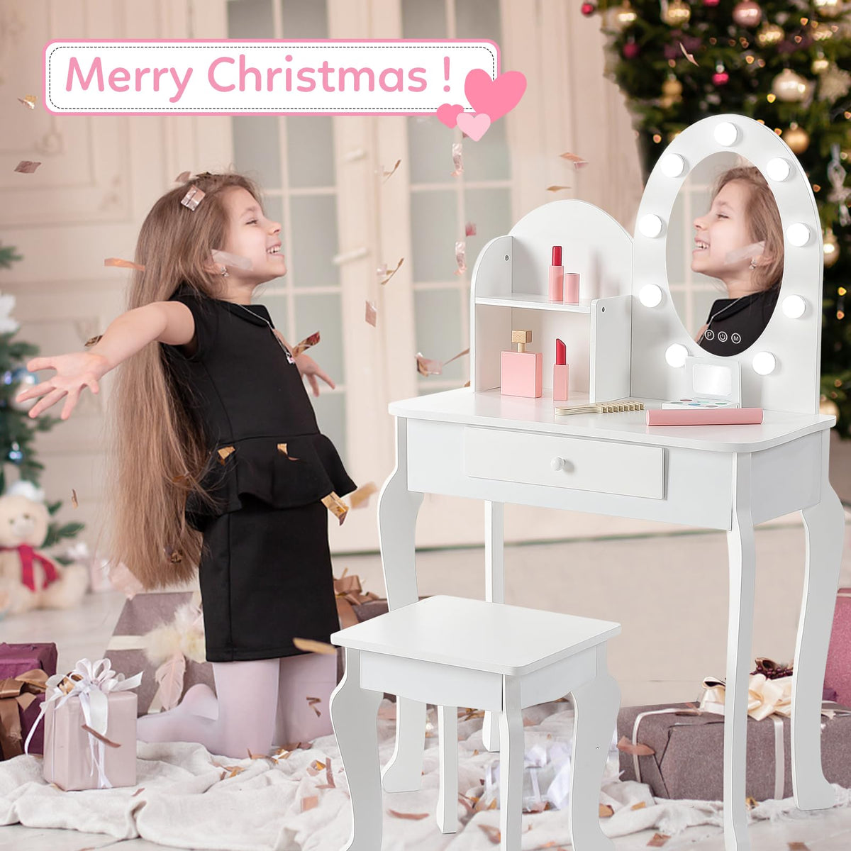 White Kids Vanity Table with LED Mirror & Stool U876