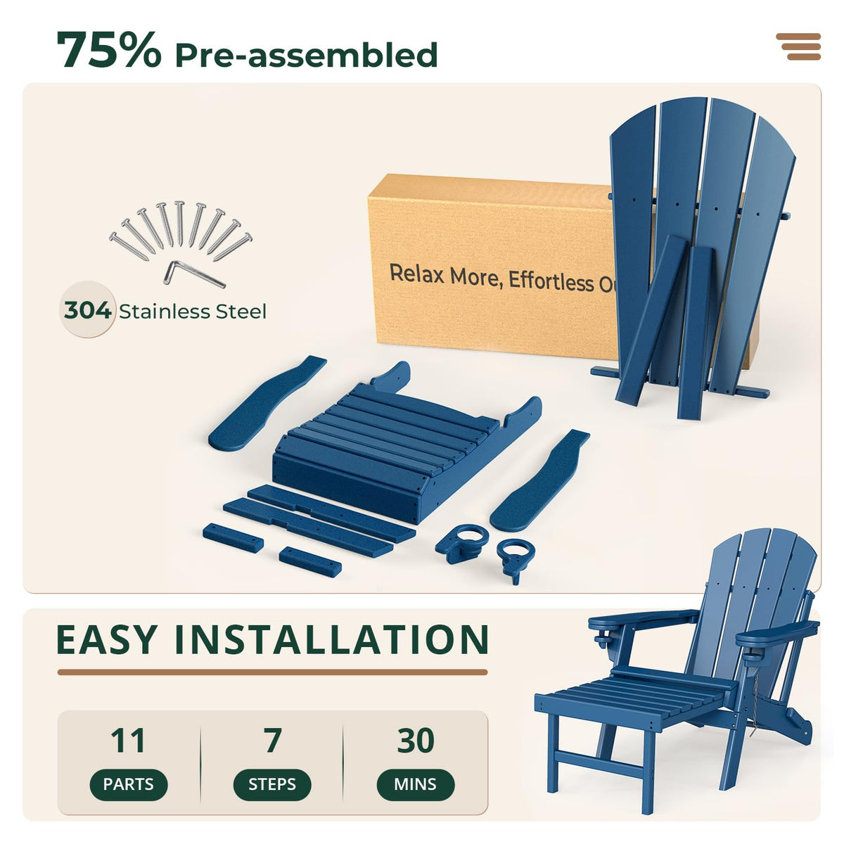 Set of 2 Blue Folding HDPE Plastic Adirondack Chairs with Pull-Out Footrest K8066