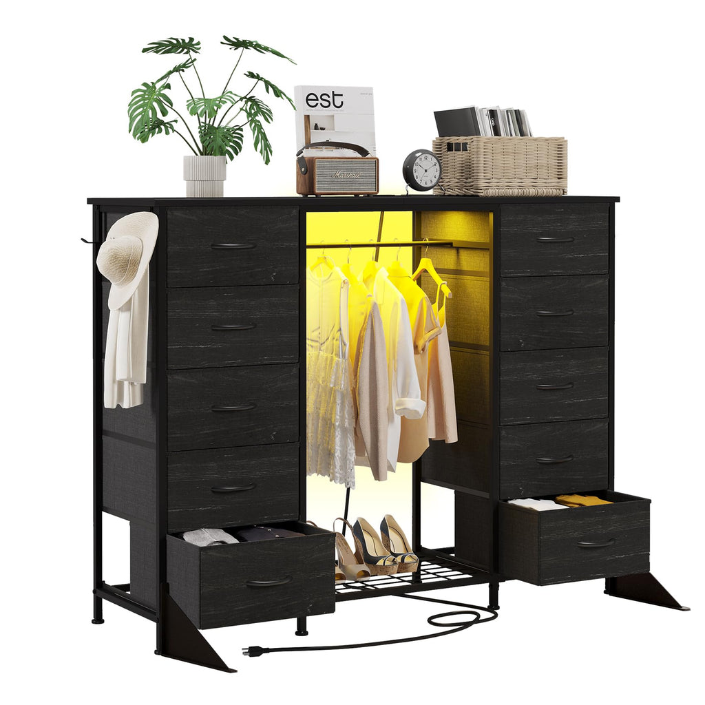 55"W Dresser with Hanging Rack, 10 Fabric Drawers & Hooks C21267