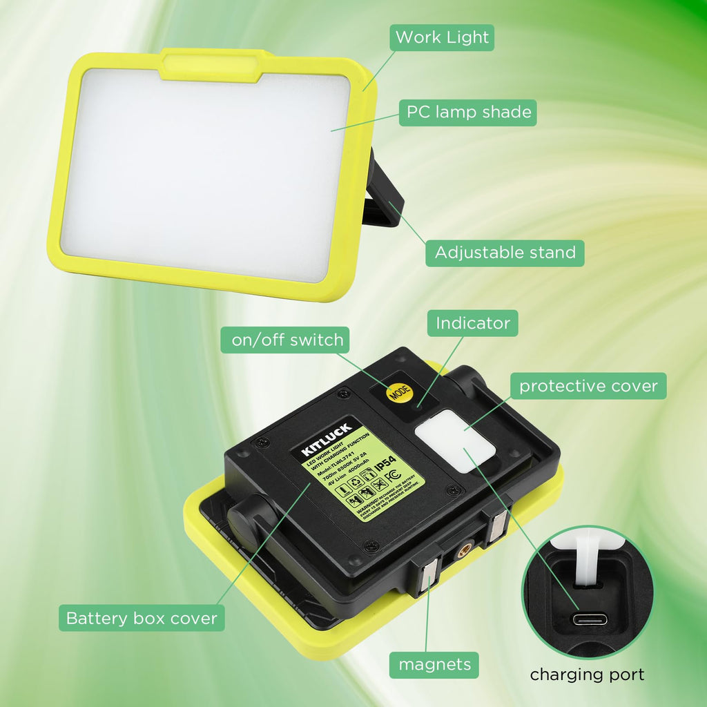 LED Work Light, Rechargeable, 700 LM Magnetic Portable Flood Light with Adjustable Stand, IP54 Waterproof, 3 Lighting Modes with Emergency SOS, 1Pack A56335