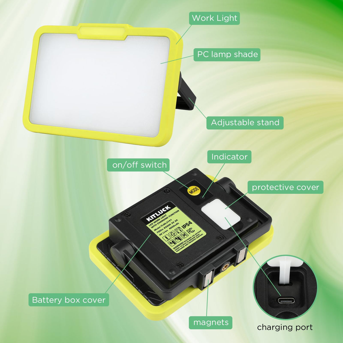 LED Work Light, Rechargeable, 700 LM Magnetic Portable Flood Light with Adjustable Stand, IP54 Waterproof, 3 Lighting Modes with Emergency SOS, 1Pack A56335
