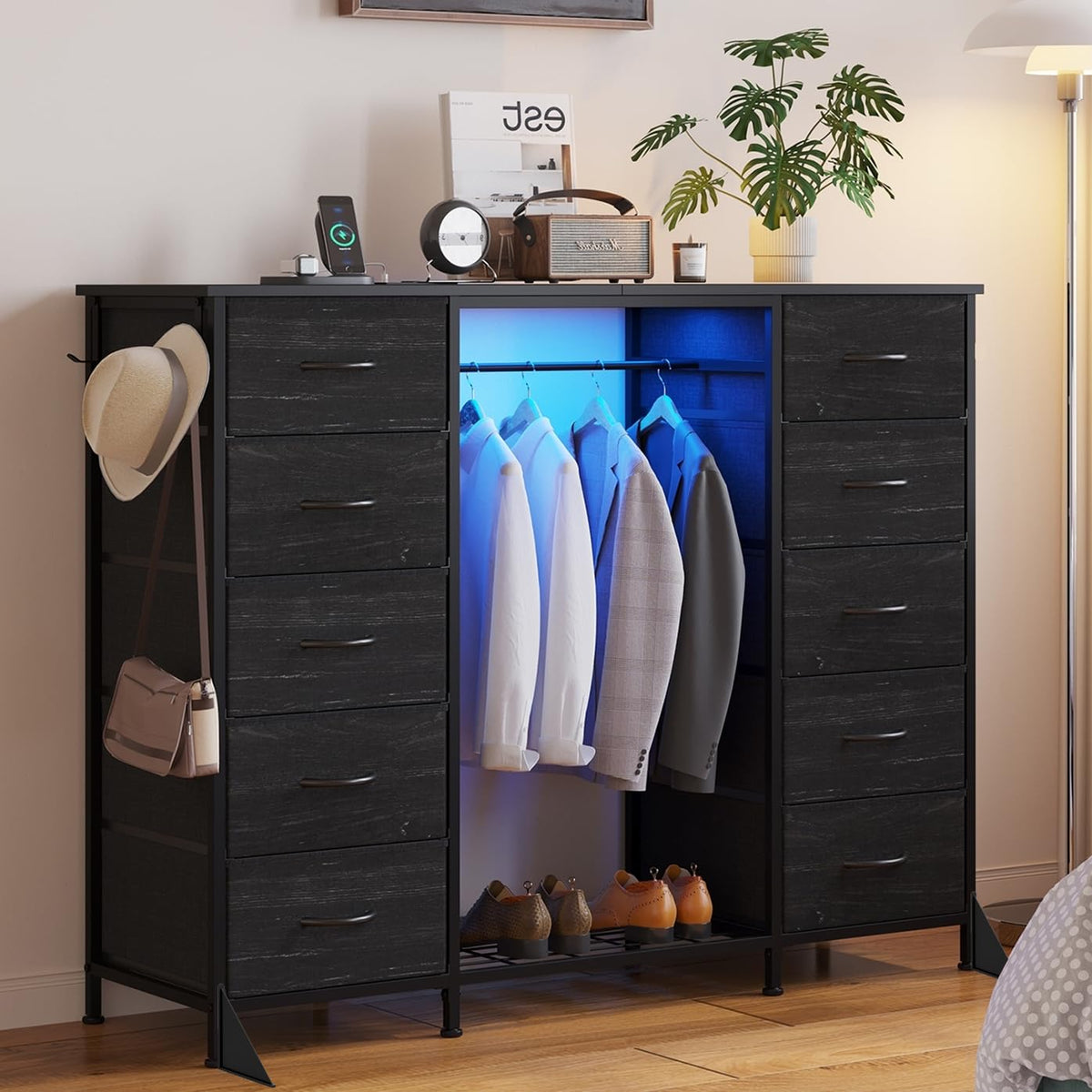 55"W Dresser with Hanging Rack, 10 Fabric Drawers & Hooks C21267