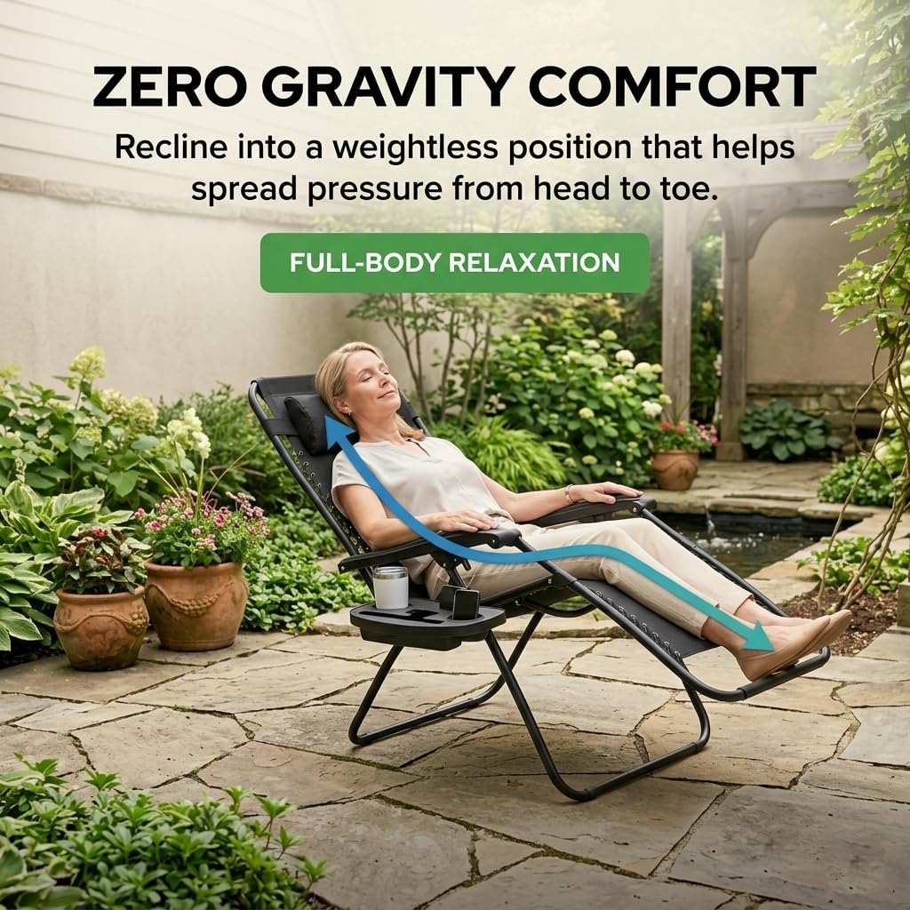 Black Zero Gravity Lounge Chair with Pillow & Cup Holder U65216