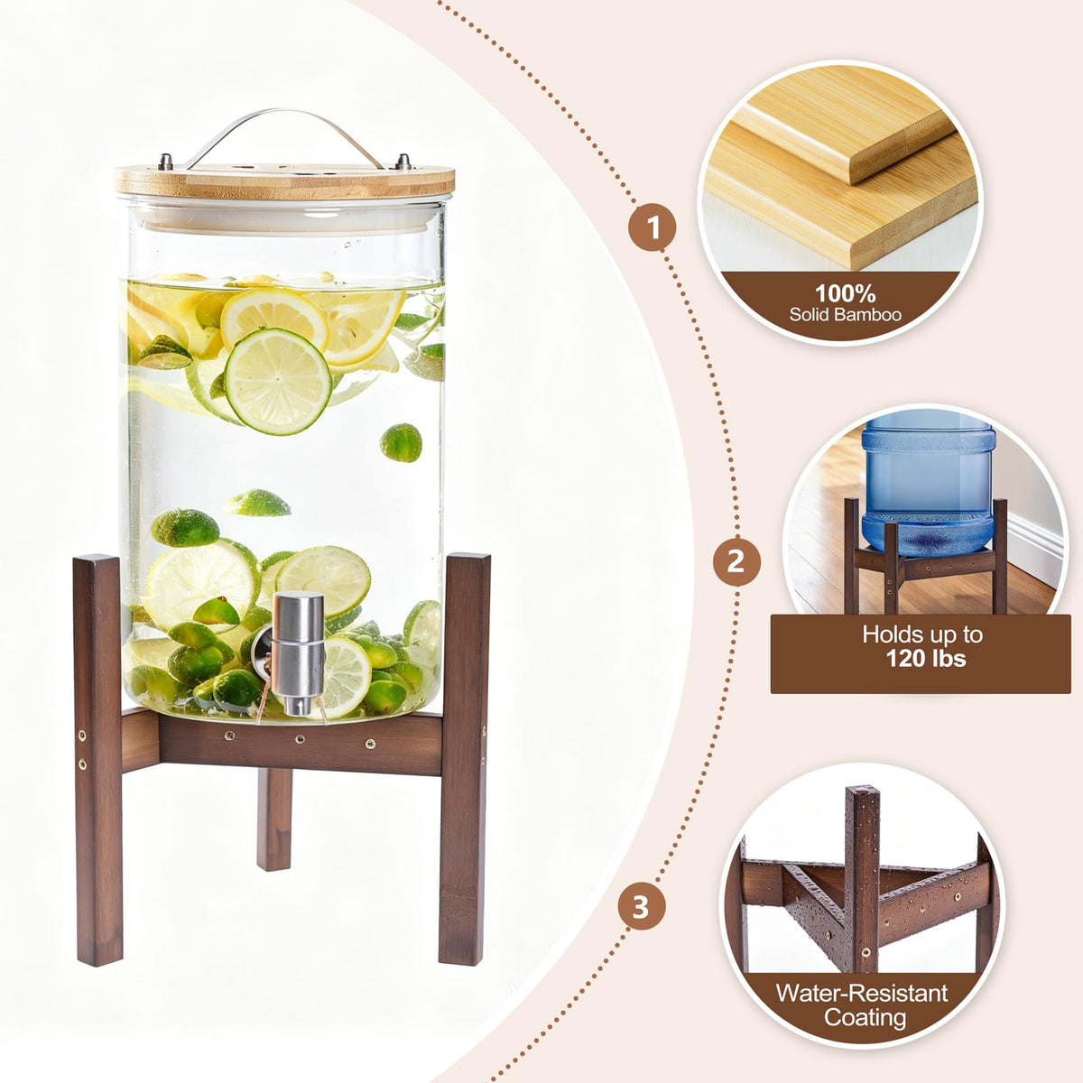 Adjustable Bamboo Drink Dispenser Stand for 2-5 Gallon S2807