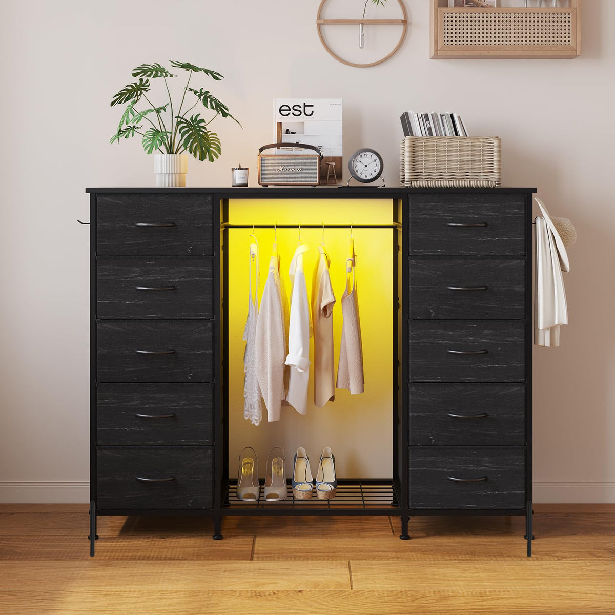 55"W Dresser with Hanging Rack, 10 Fabric Drawers & Hooks C21267