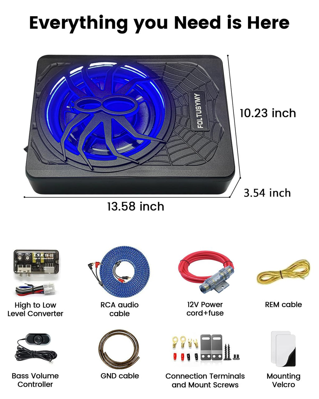 1200W 10" Slim Under Seat Powered Car Subwoofer with Blue LED Light U79548