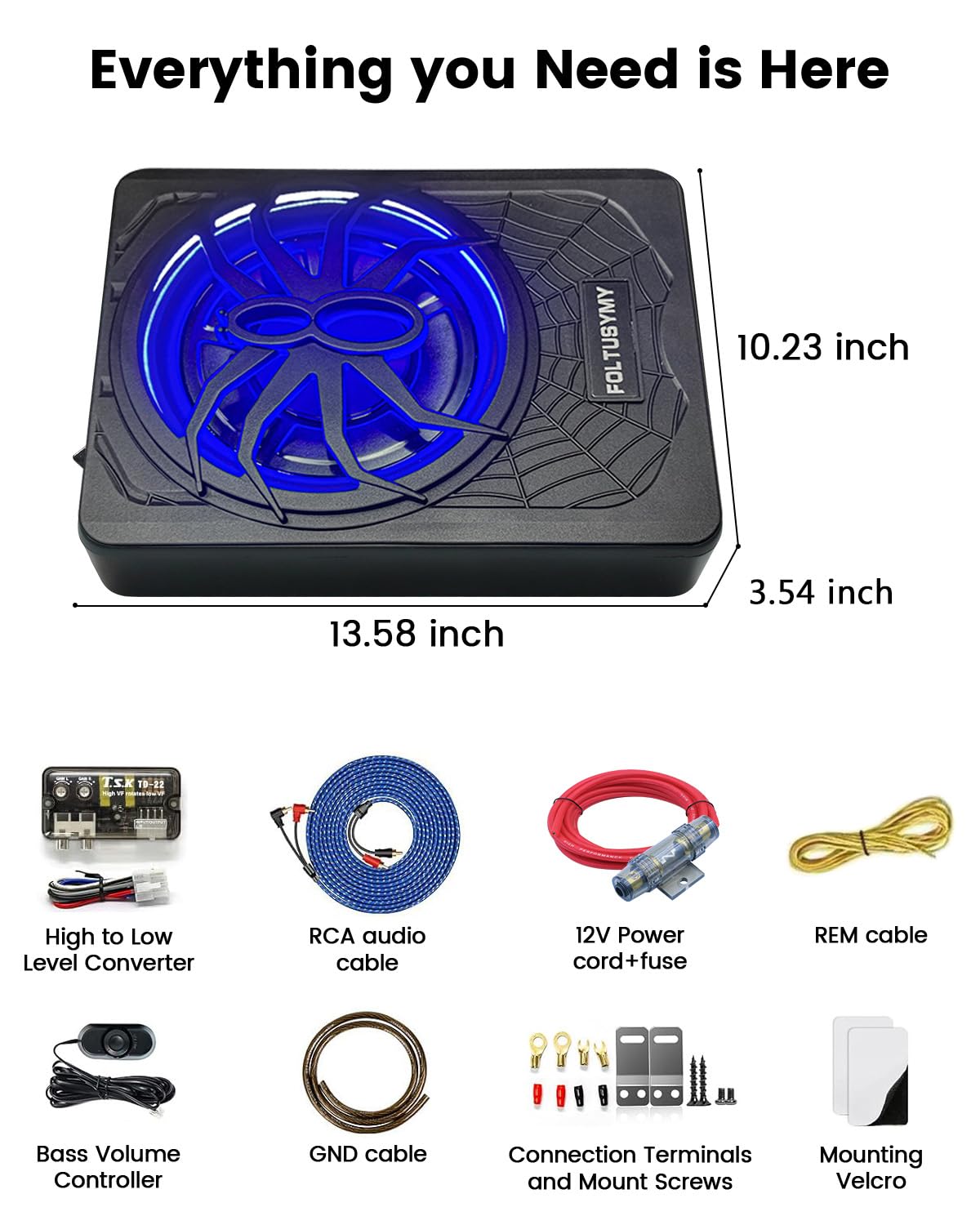 1200W 10" Slim Under Seat Powered Car Subwoofer with Blue LED Light U79548