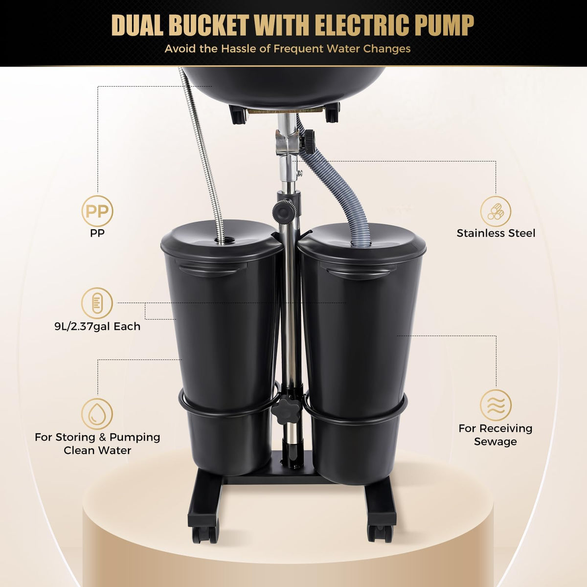 Portable Shampoo Bowl with Electric Pump, Adjustable Height, Dual Bucket Design Q4812