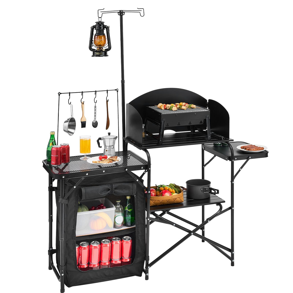 Black Aluminum Camping Kitchen Table with Storage Cupboard U8315