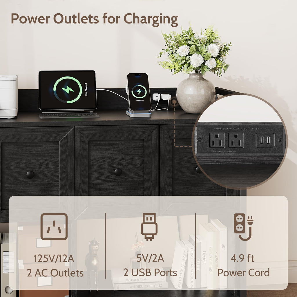 Black 2 Drawer Wood File Cabinet with Power Outlet J429346