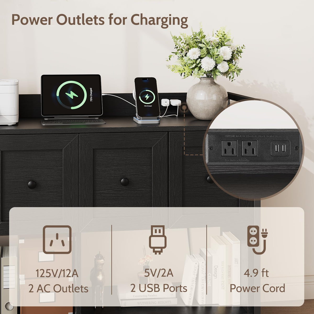 Black 2 Drawer Wood File Cabinet with Power Outlet J429346