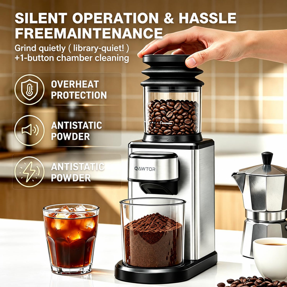 Conical Burr Coffee Bean Grinder, 25 Precise Settings, Anti-Static D8287