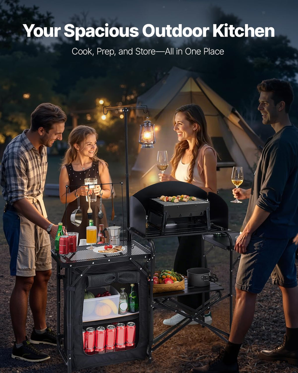 Black Aluminum Camping Kitchen Table with Storage Cupboard U8315