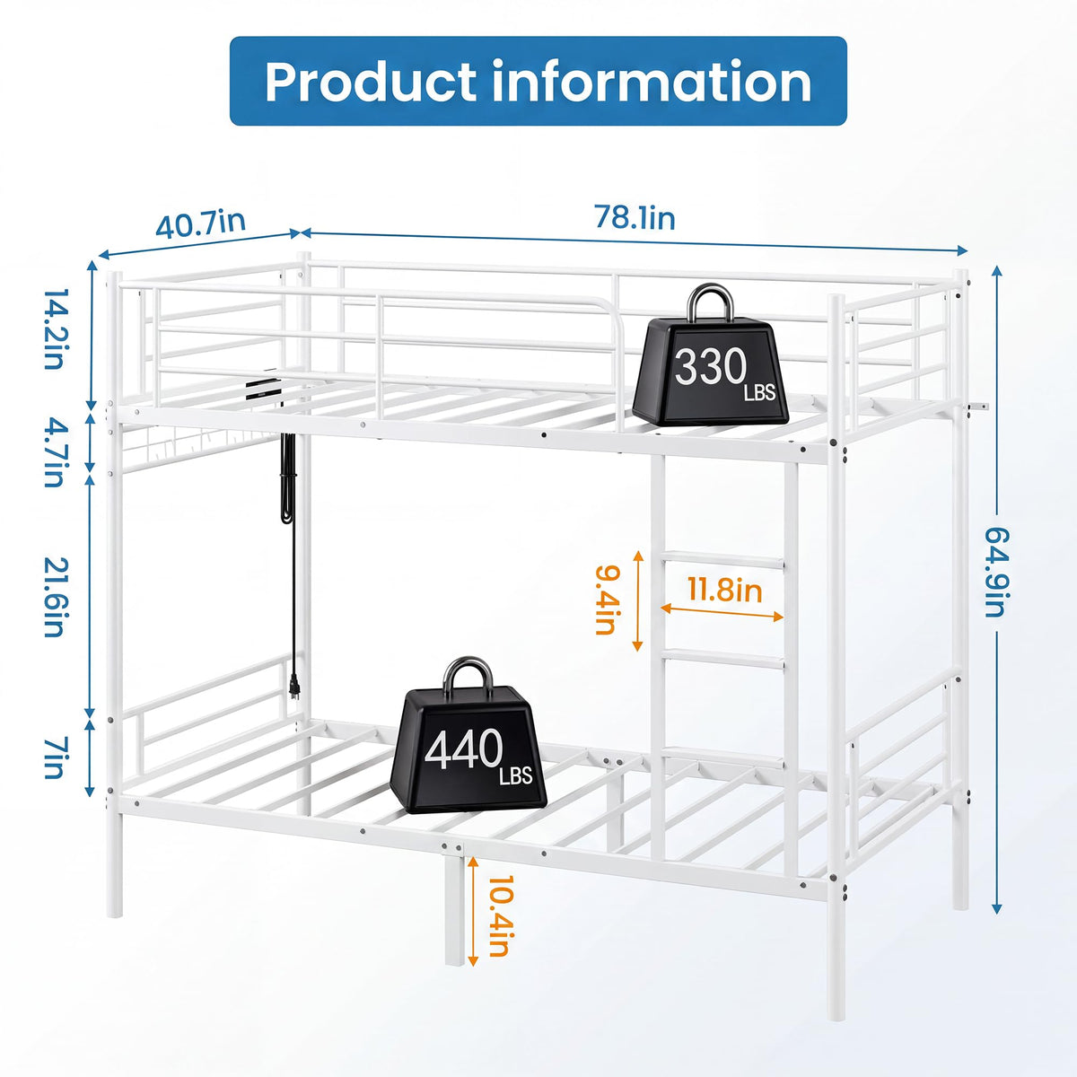 White Twin Over Twin Bunk Bed with LED Lights and Charging Station V7361