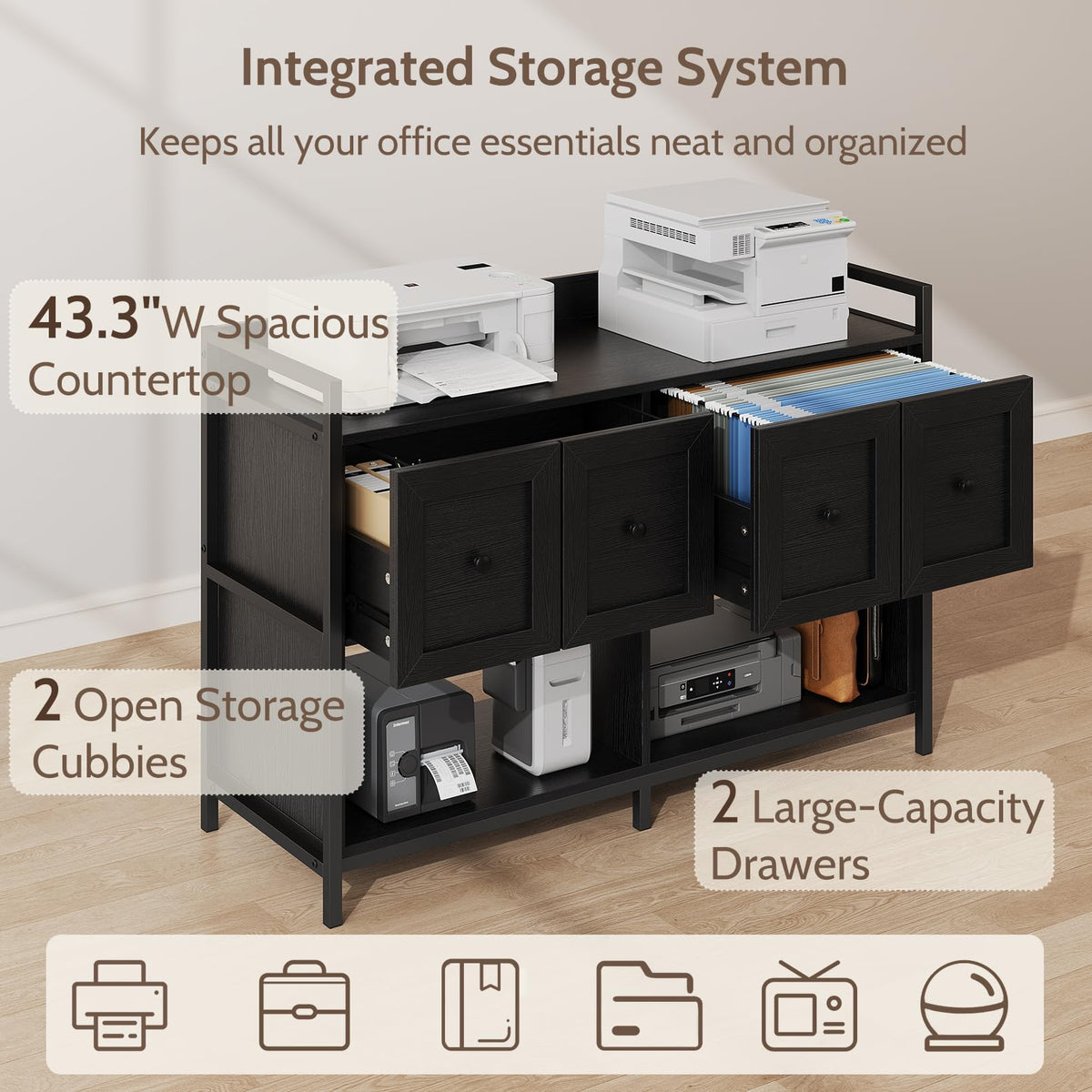Black 2 Drawer Wood File Cabinet with Power Outlet J429346