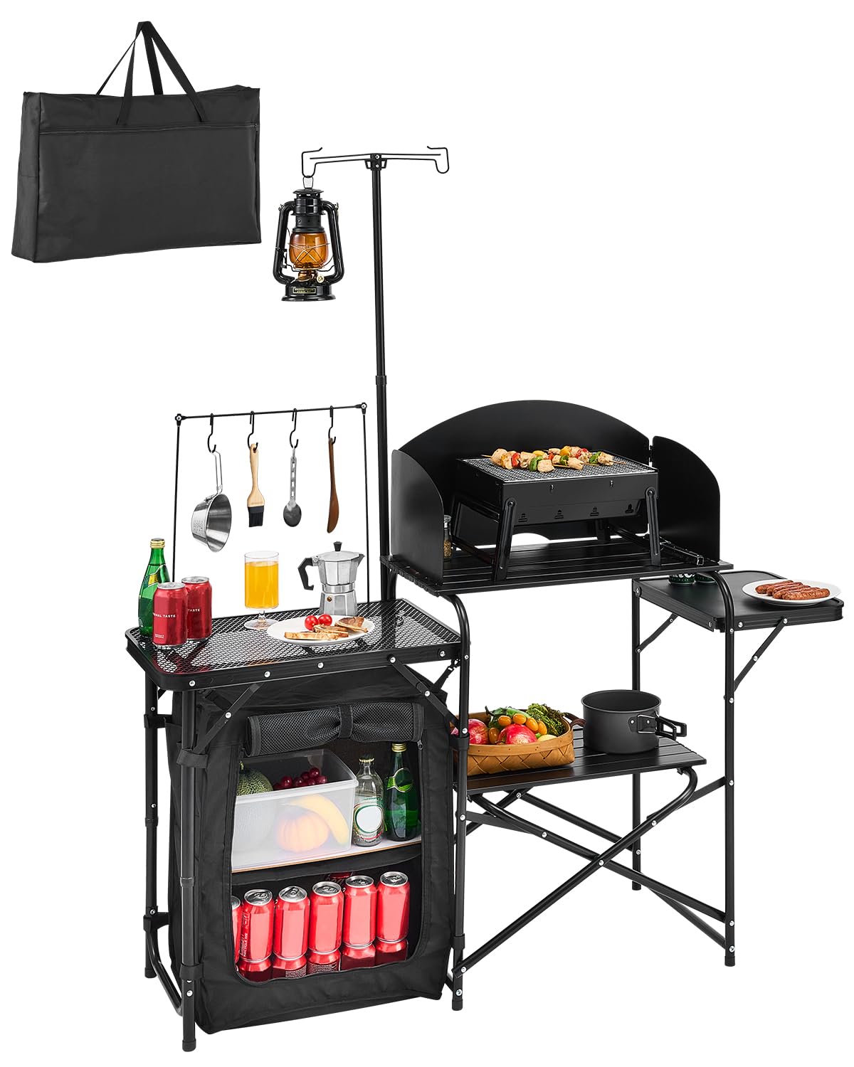 Black Aluminum Camping Kitchen Table with Storage Cupboard U8315