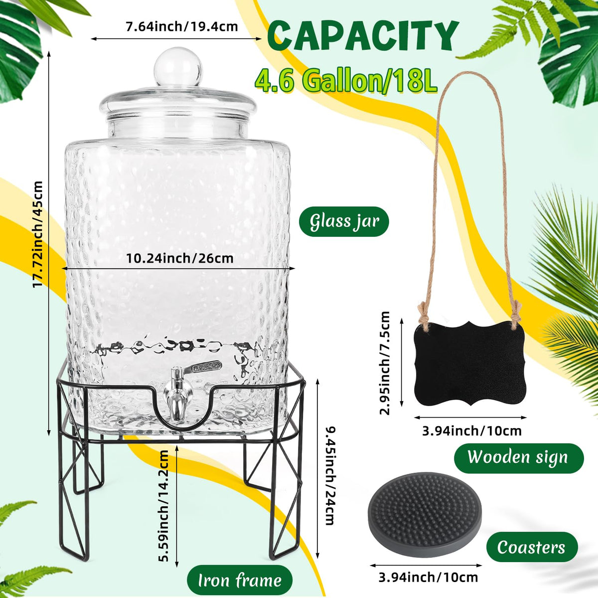 4.6 Gallon Glass Beverage Dispenser with Stand W7539