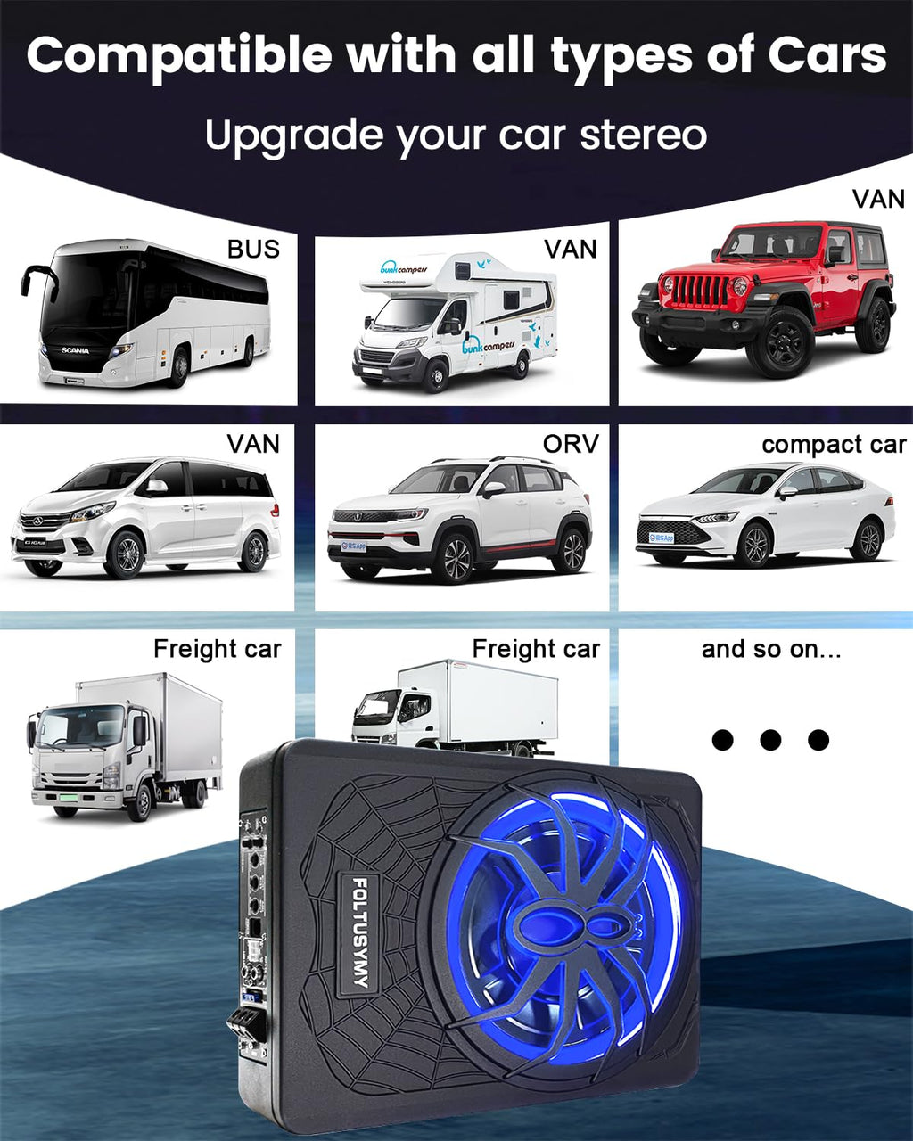 1200W 10" Slim Under Seat Powered Car Subwoofer with Blue LED Light U79548