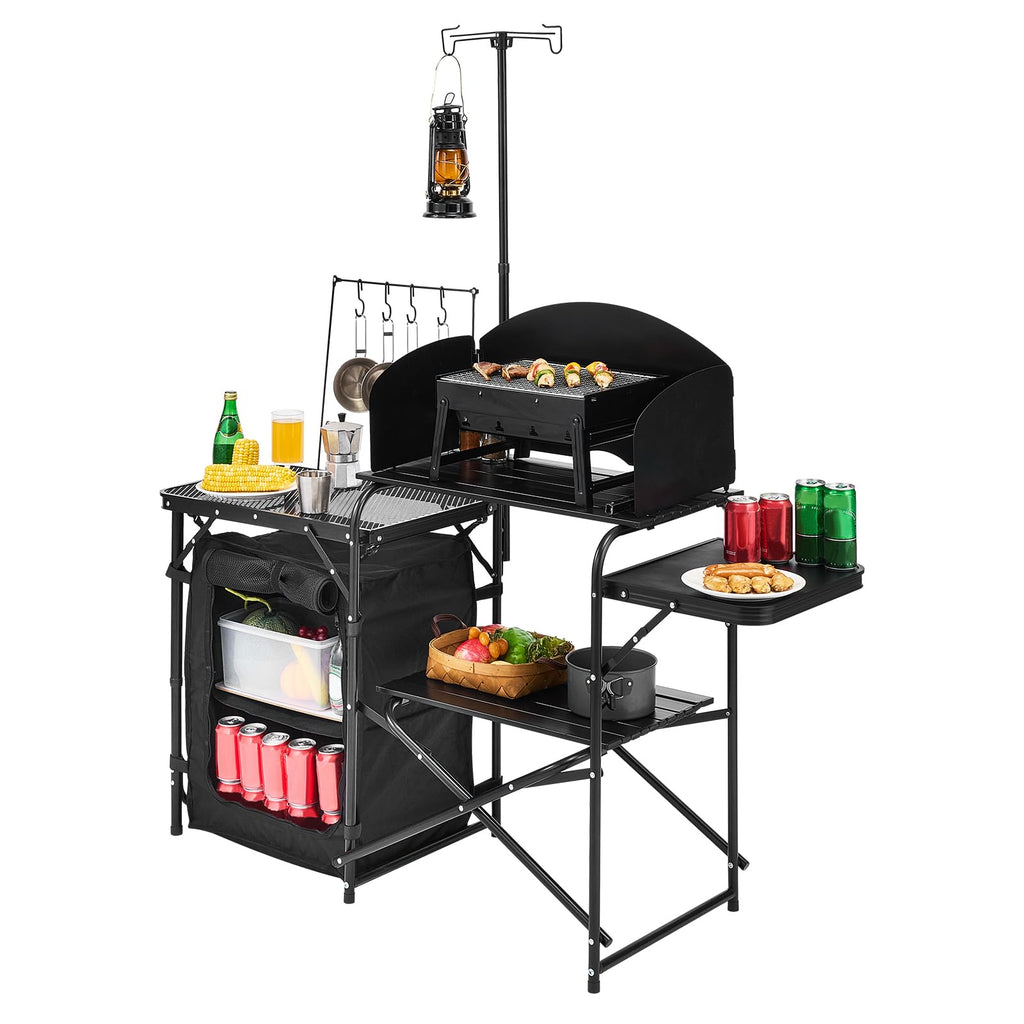 Black Aluminum Camping Kitchen Table with Storage Cupboard U8315