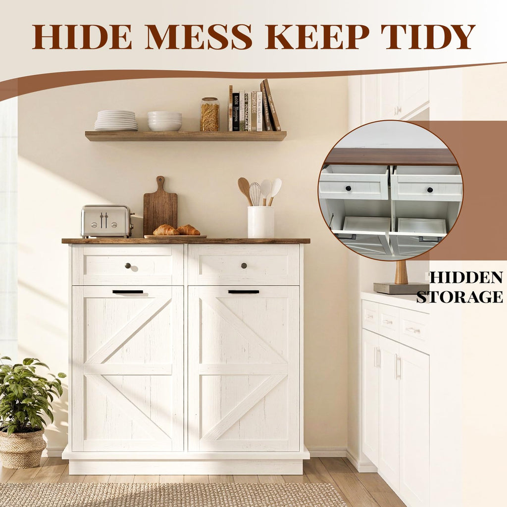 White 20 Gallon Tilt Out Trash Can Cabinet with Drawers P35804