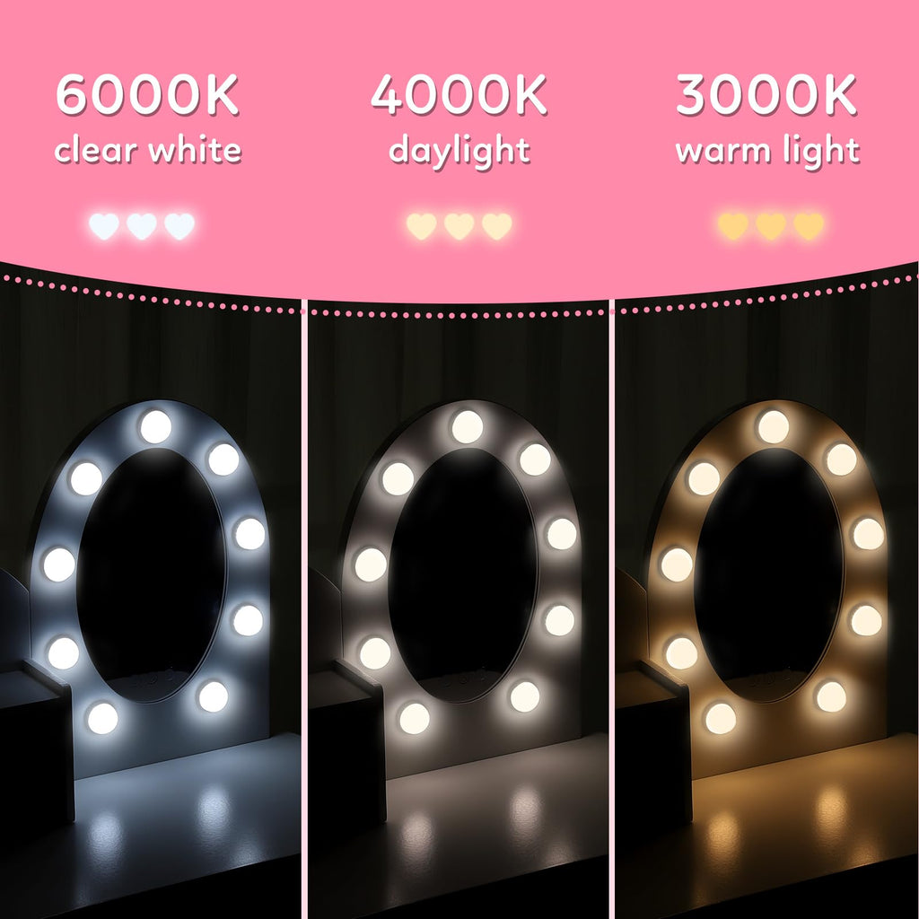 White Kids Vanity Table with LED Mirror & Stool U876