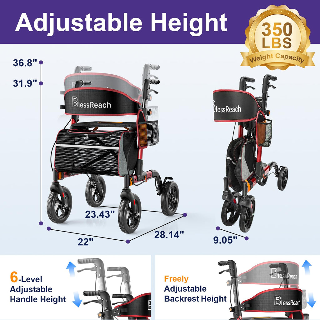 Lightweight Red Rollator Walker with Seat A531466