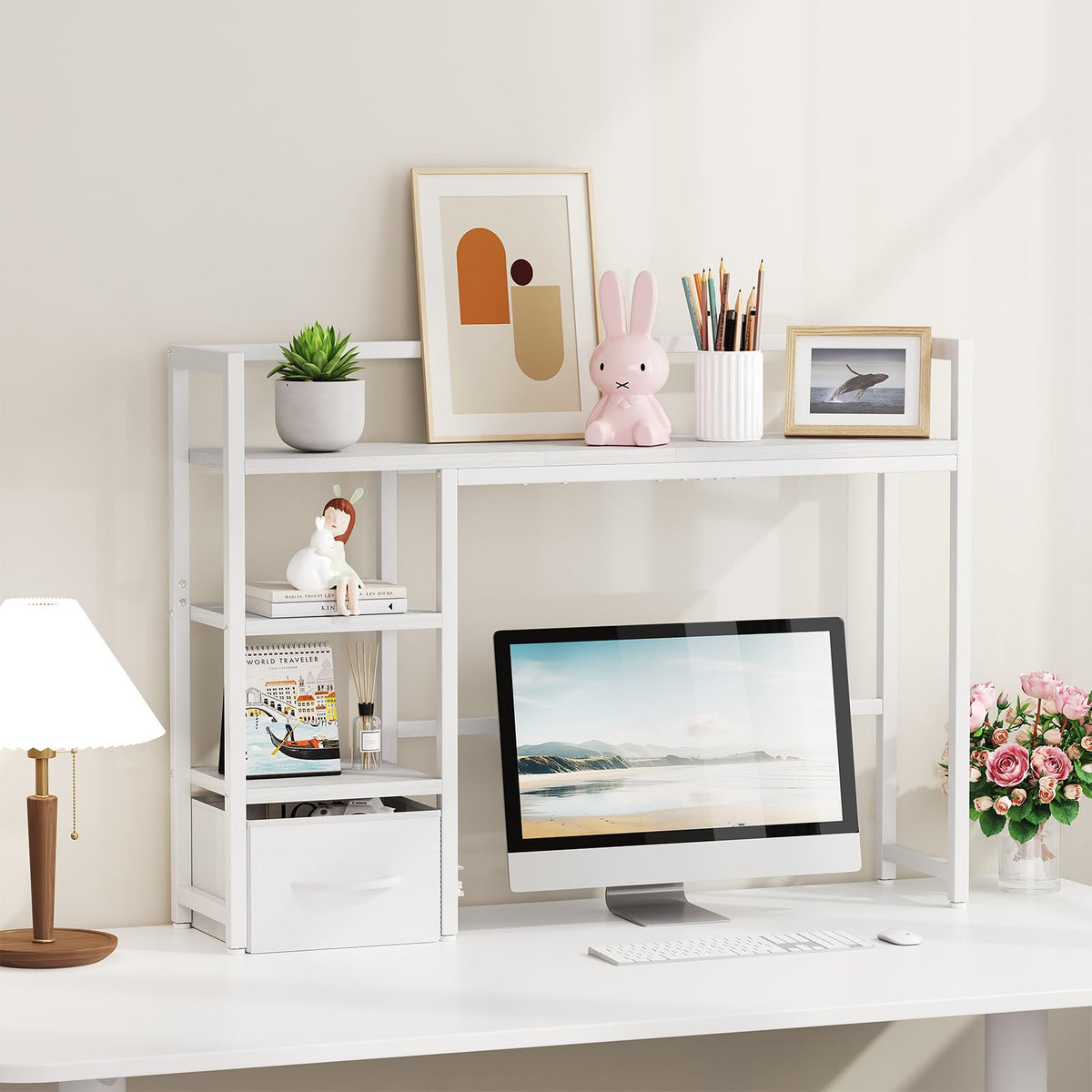 White Wood Desk Shelf with Drawer T991078