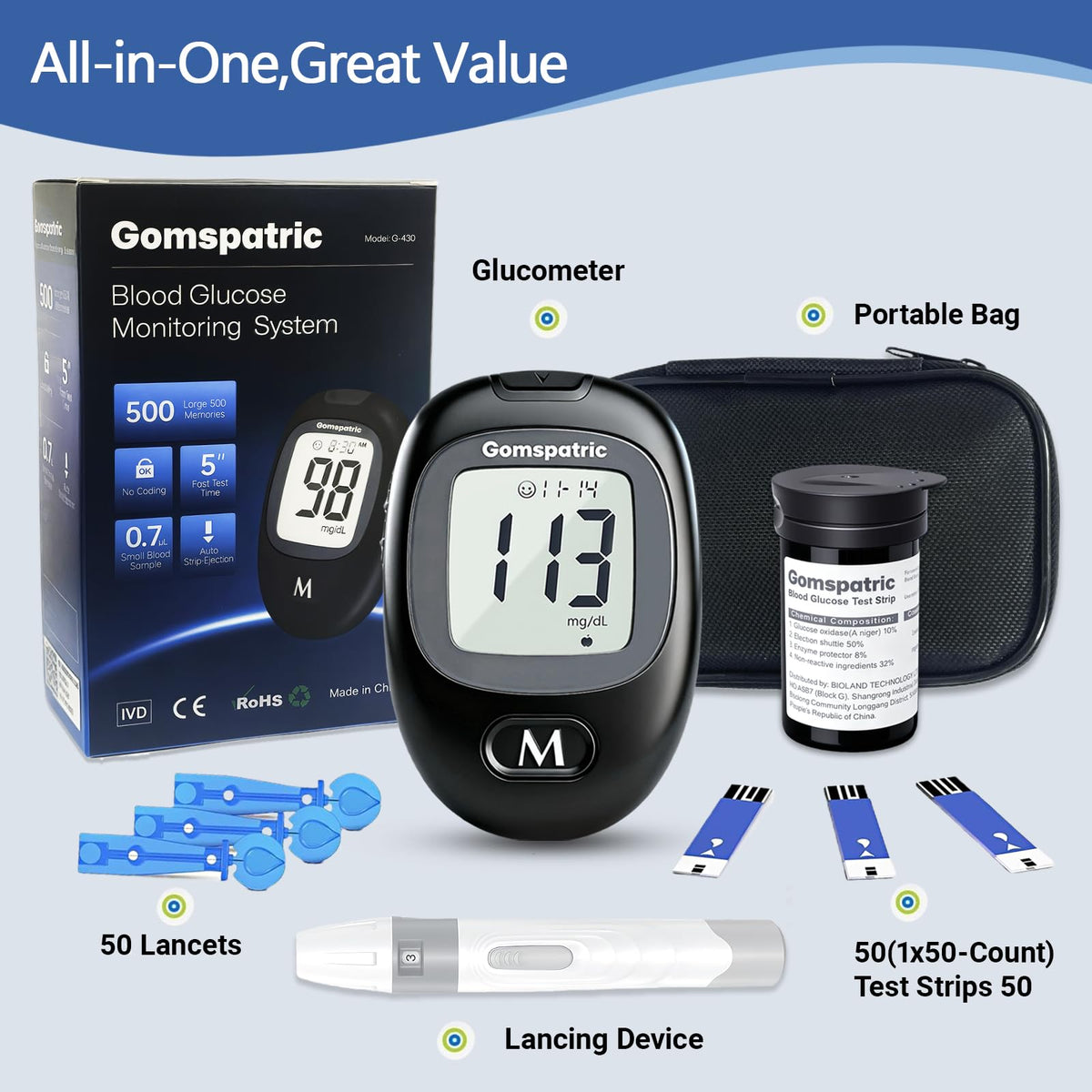 Blood Glucose Monitor Kit with 50 Test Strips and 50 Lancets N470