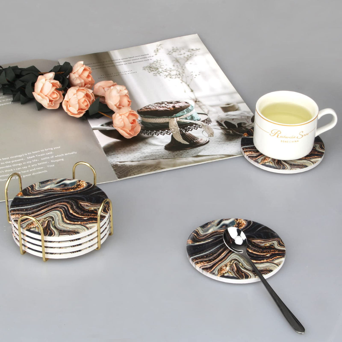 Black and Gold Marble Coasters with Holder A460