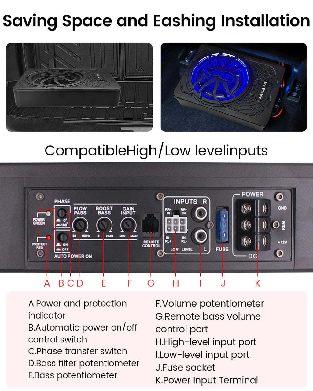 1200W 10" Slim Under Seat Powered Car Subwoofer with Blue LED Light U79548