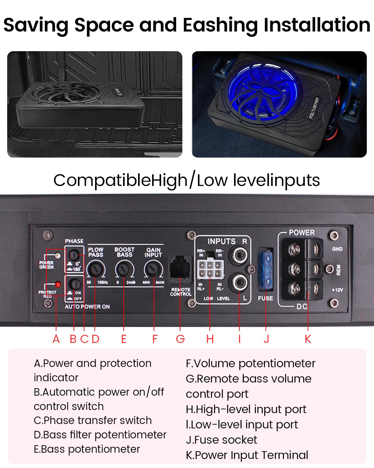 1200W 10" Slim Under Seat Powered Car Subwoofer with Blue LED Light U79548