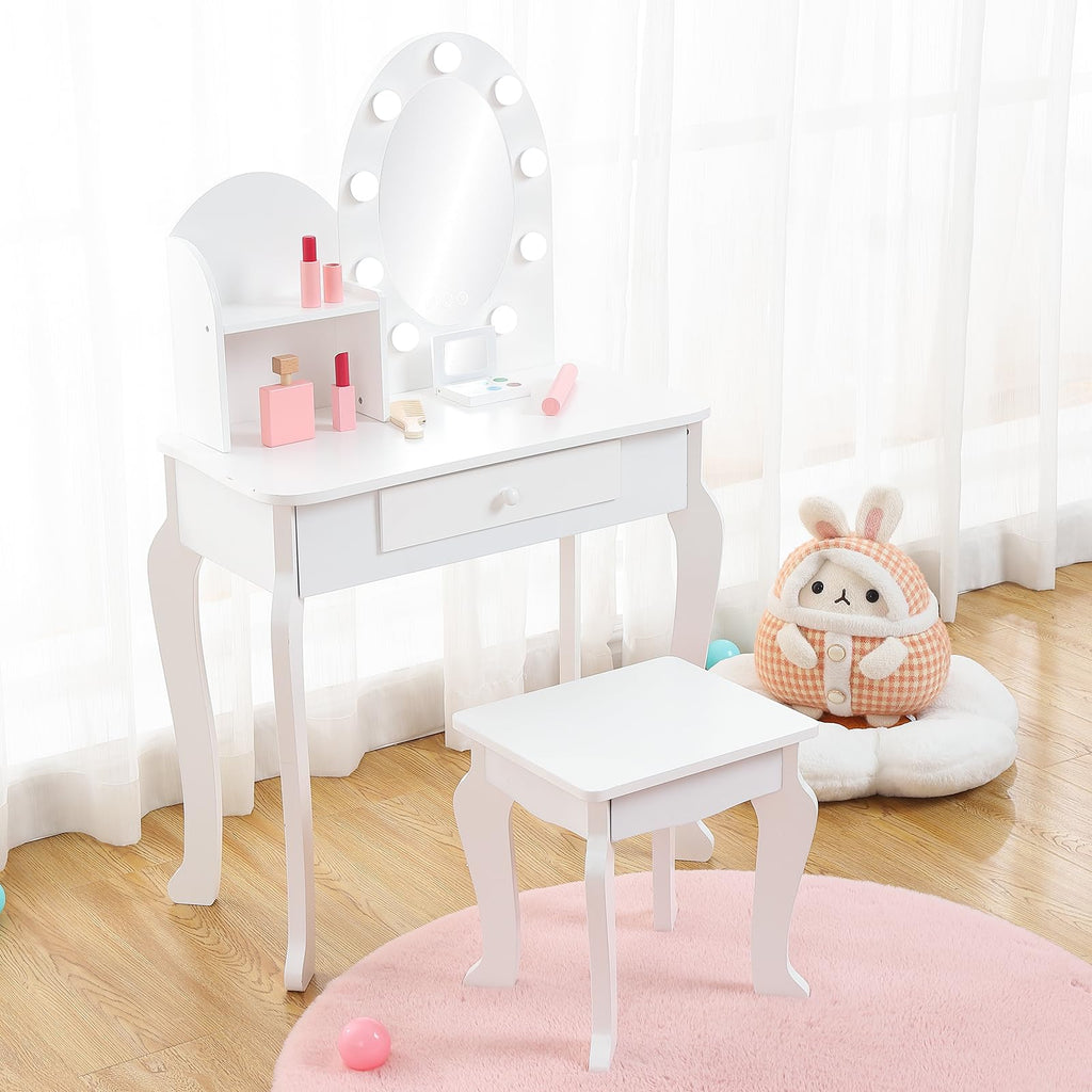White Kids Vanity Table with LED Mirror & Stool U876