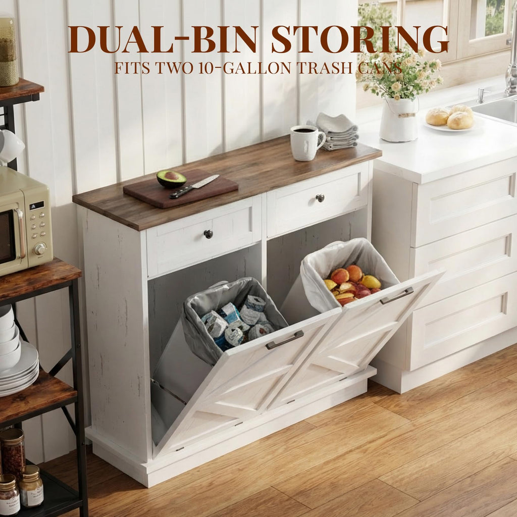 White 20 Gallon Tilt Out Trash Can Cabinet with Drawers P35804