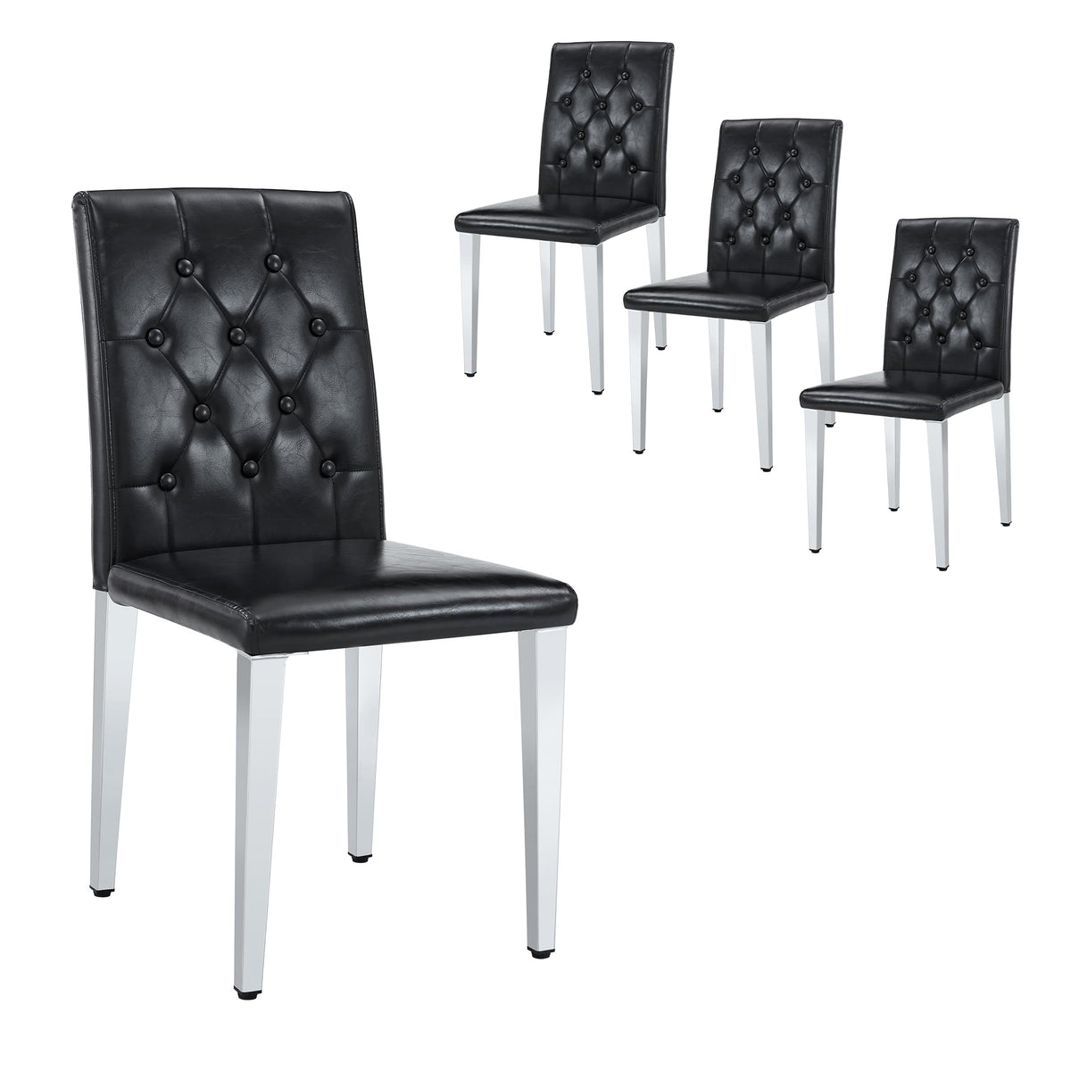 Black Upholstered Dining Chairs Set of 4 with Silver Metal Legs R18931