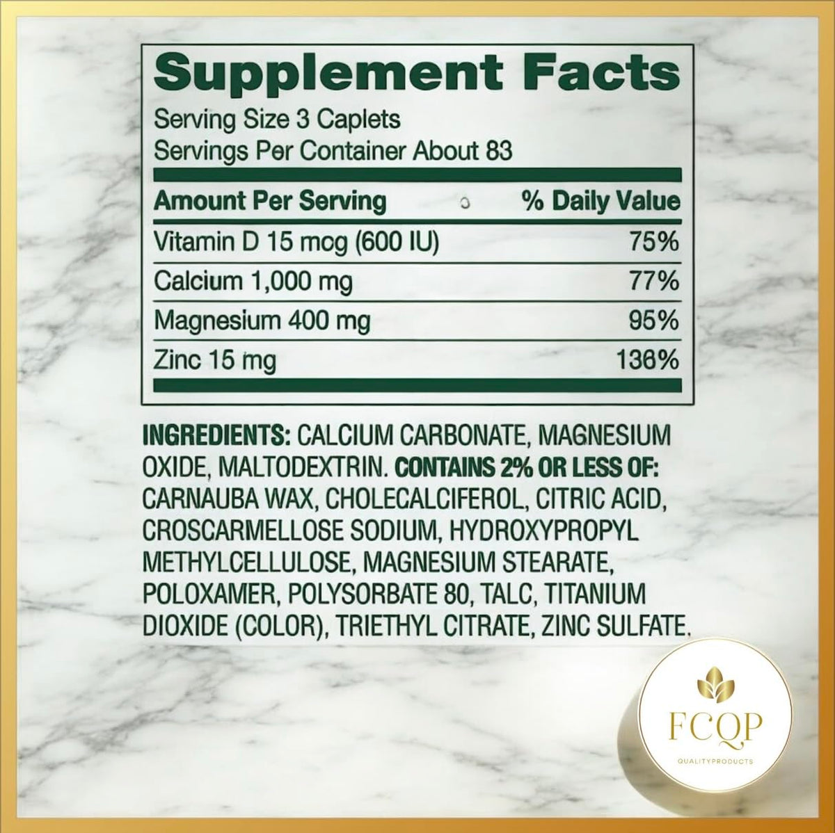 Calcium Magnesium Zinc with Vitamin D3 Supplements, 250 Coated Caplets J1044
