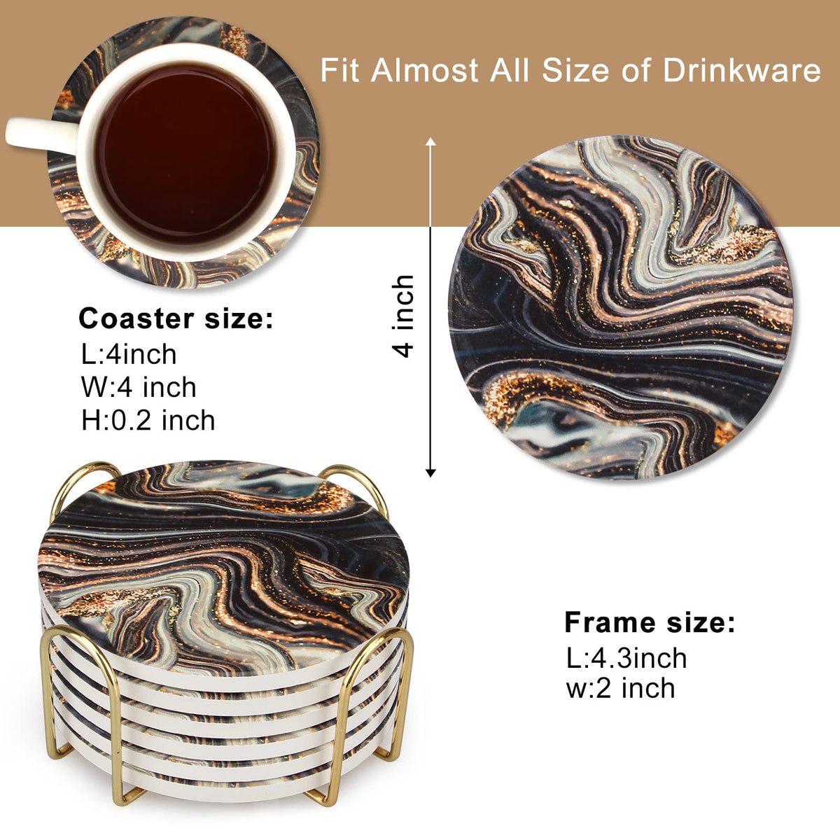 Black and Gold Marble Coasters with Holder A460