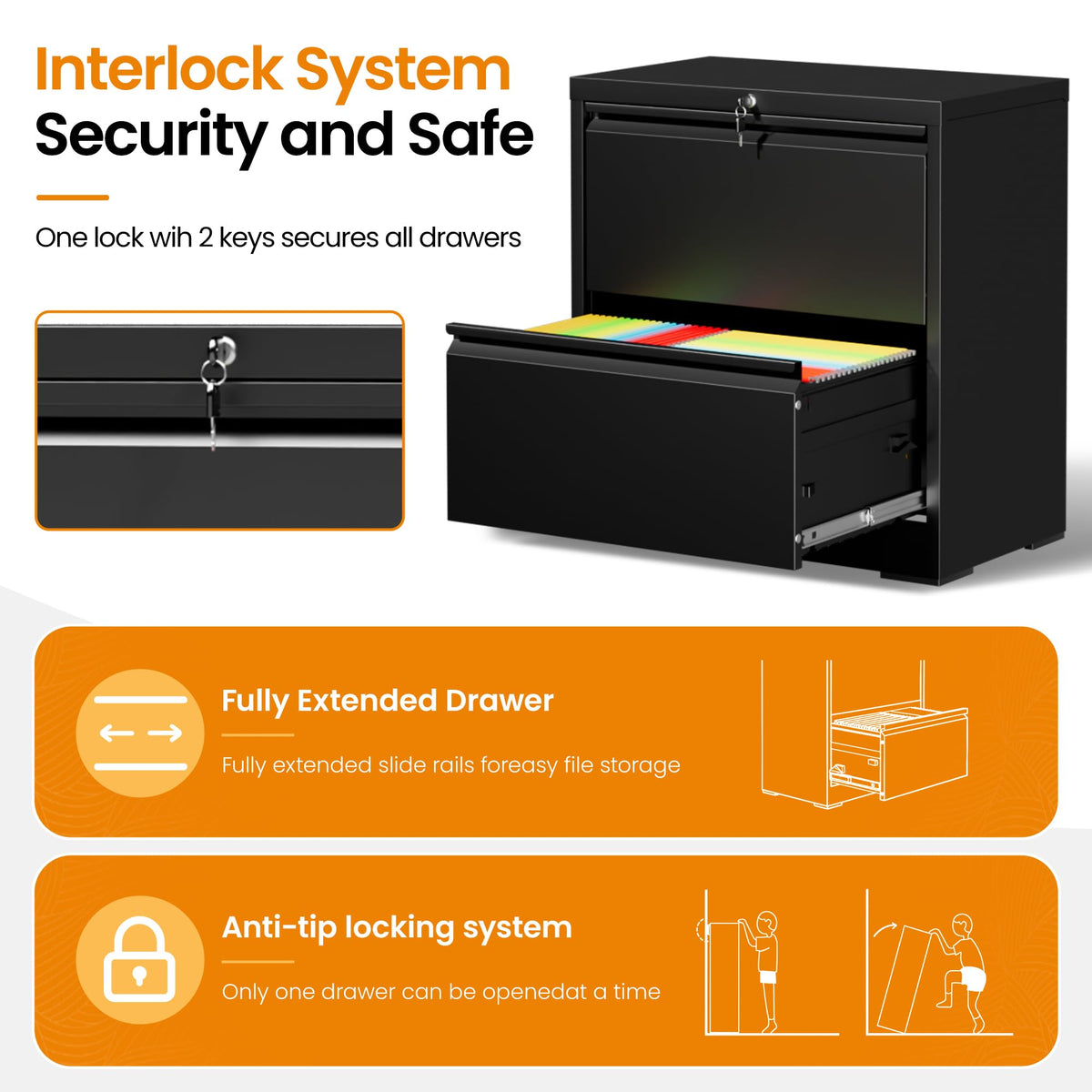 Black 2 Drawer Lateral File Cabinet with Lock K19433