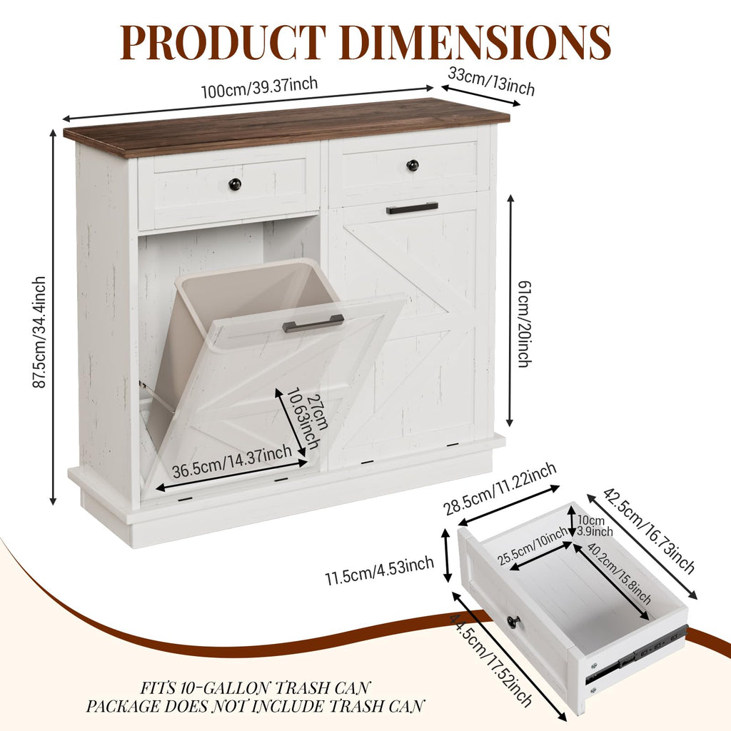 White 20 Gallon Tilt Out Trash Can Cabinet with Drawers P35804