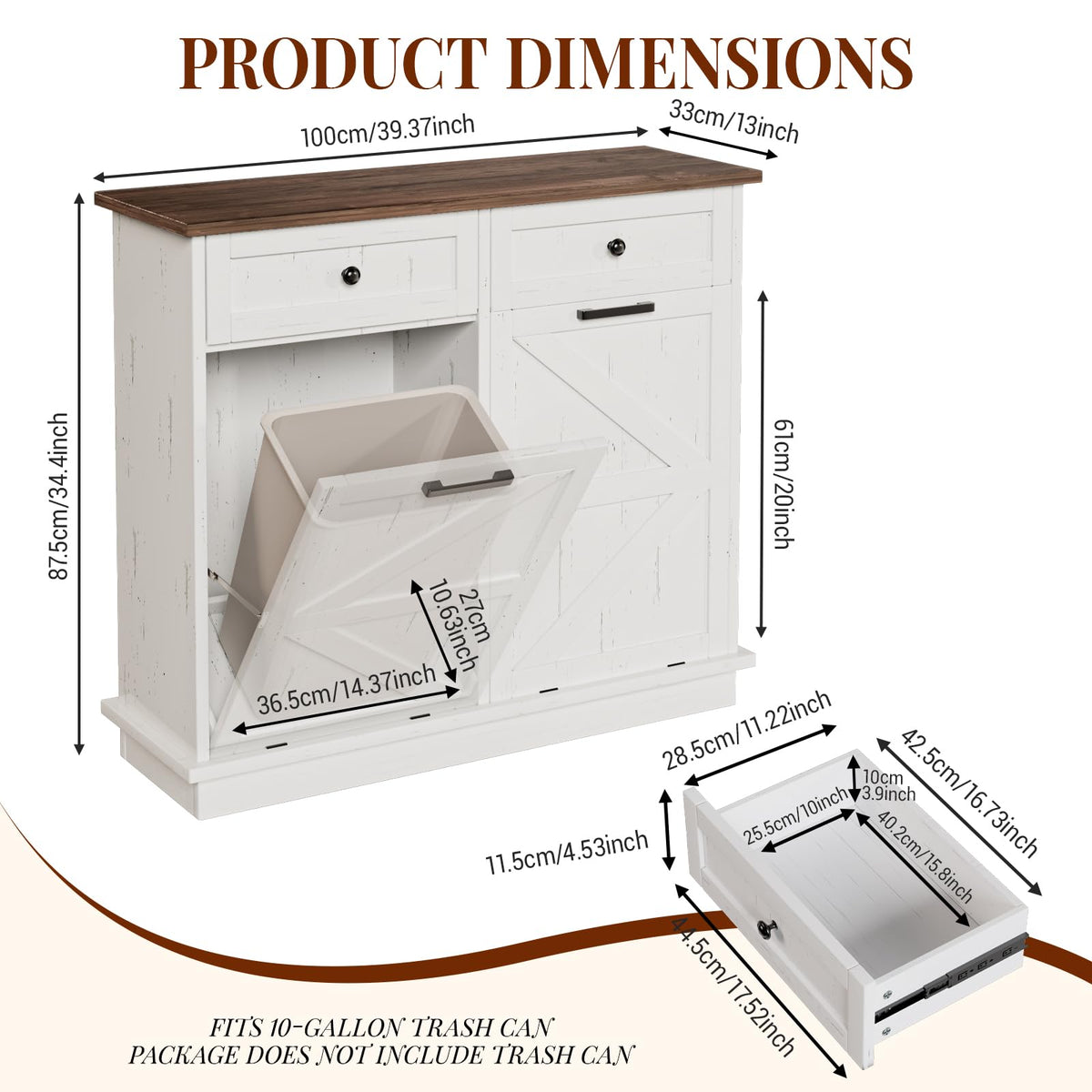 White 20 Gallon Tilt Out Trash Can Cabinet with Drawers P35804
