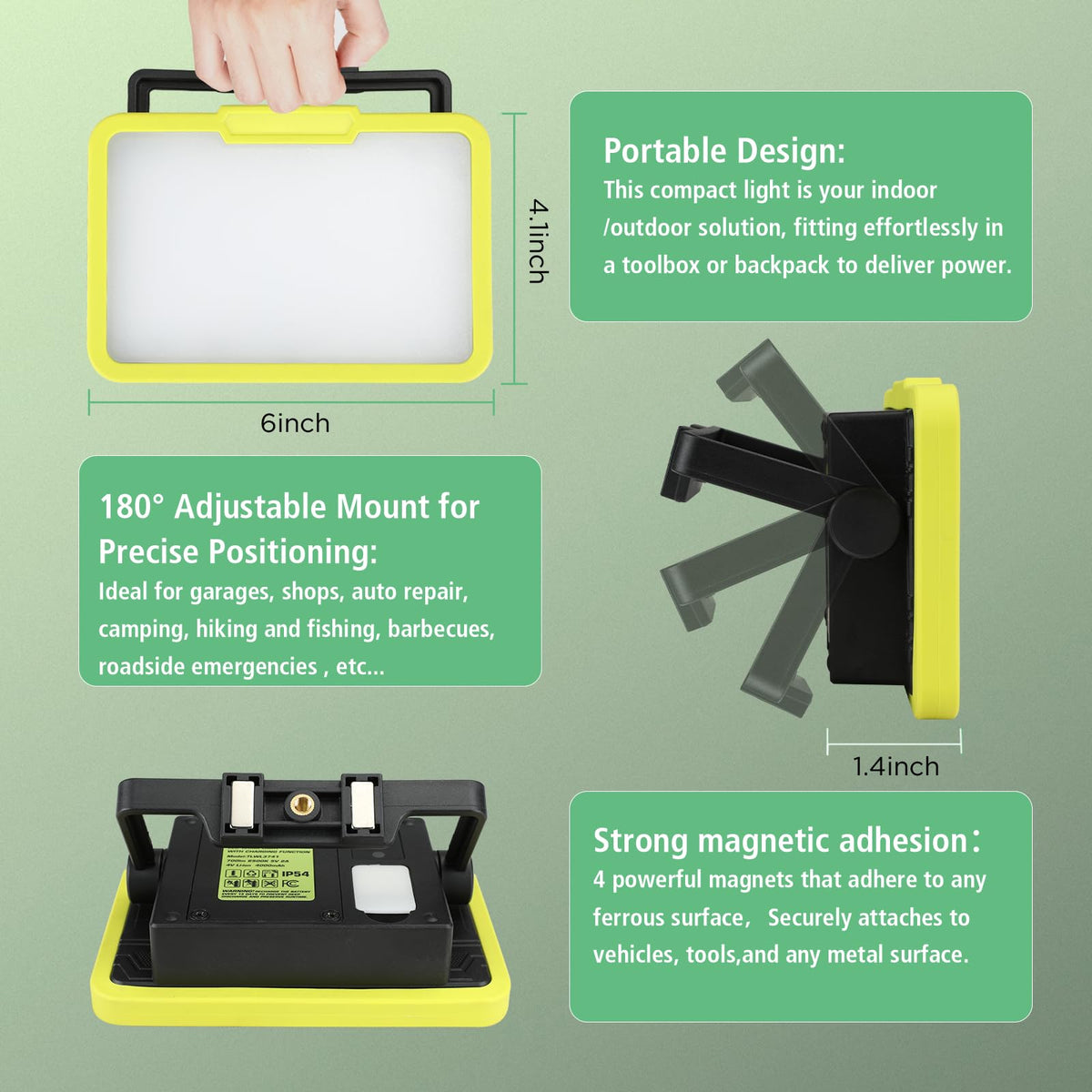 LED Work Light, Rechargeable, 700 LM Magnetic Portable Flood Light with Adjustable Stand, IP54 Waterproof, 3 Lighting Modes with Emergency SOS, 1Pack A56335